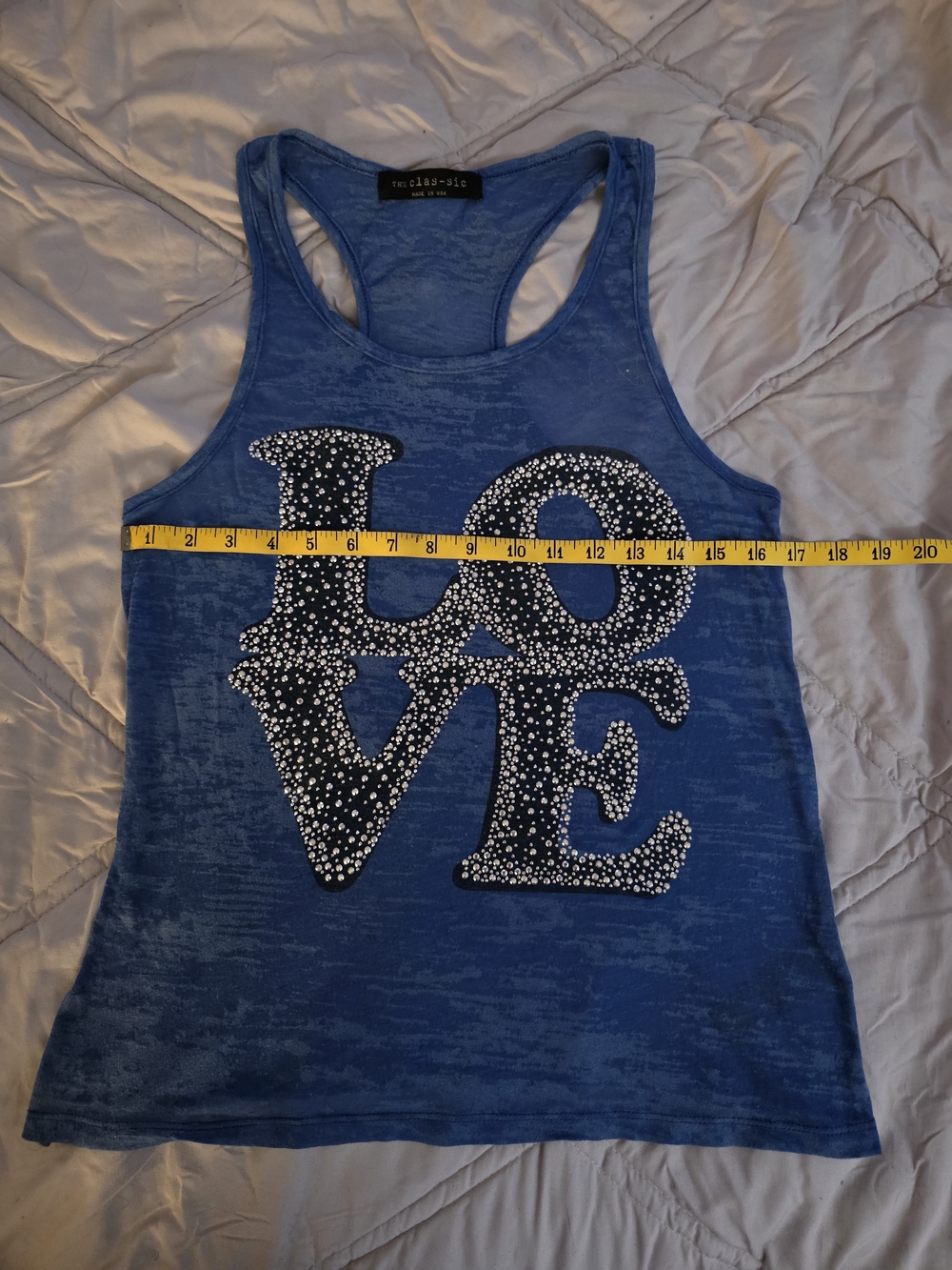 Burnout Blue Racerback Tank Top with 'LOVE' Rhinestone Design - Picture 3 of 4